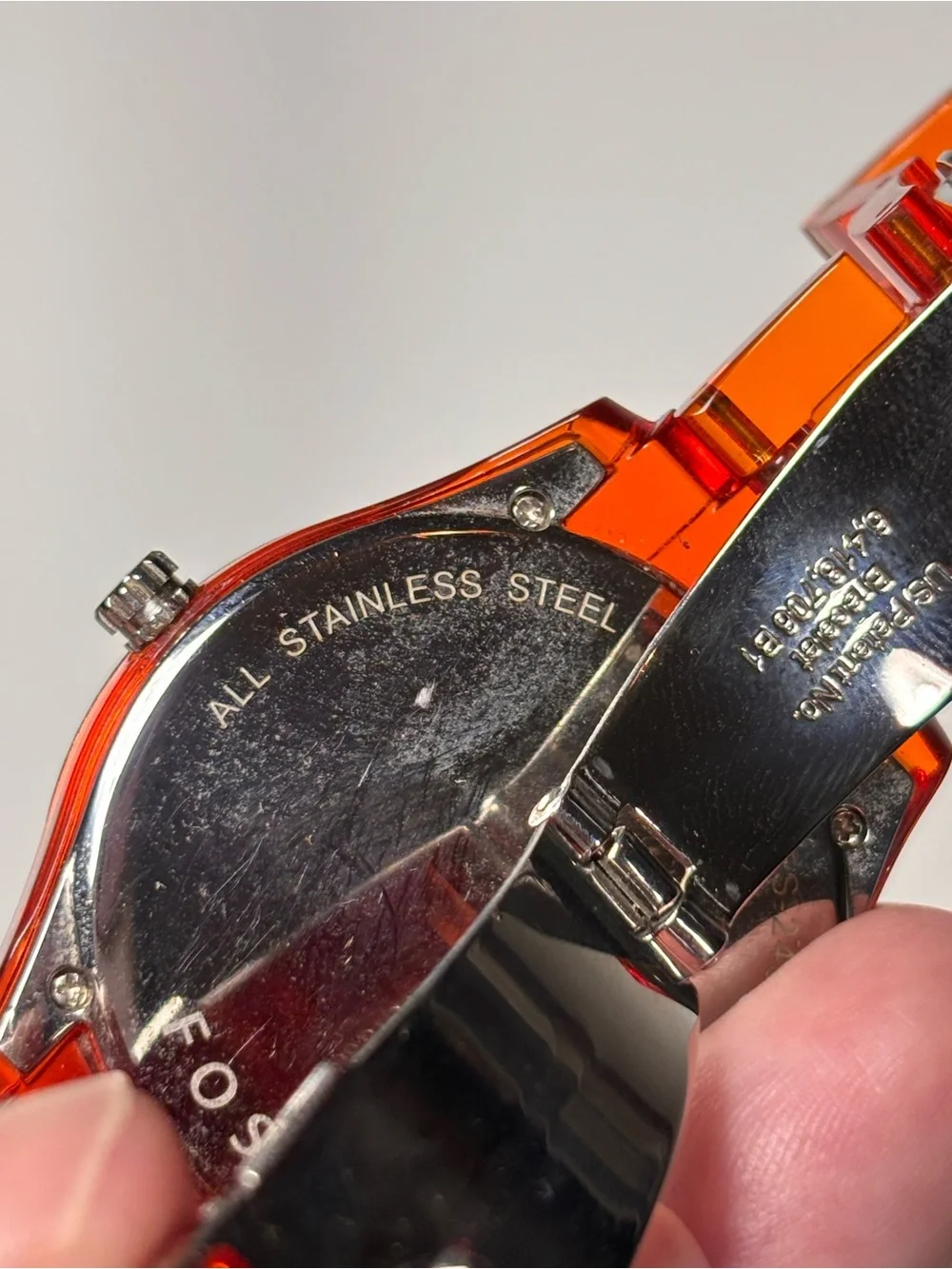 Fossil Stella Orange Red Acrylic Rhinestone Bezel Quartz Watch ES2453